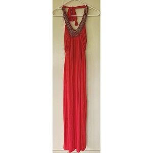 Bailey Blue--Women's Maxi Dress Orange Ruched Halter w Wood Beading Sz S Stretch